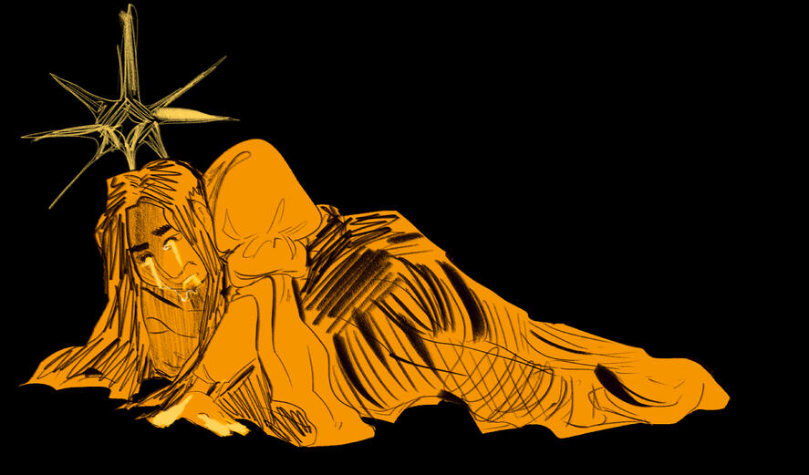 A sketch with crude color applied under it. The colors are golden in multiple hues. The woman in the sketch is on her side, eyes and mouth leaking golden fluid, fingers covered with the same light gold. Behind and above her head is star.