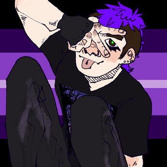 A profile picture of a goth person from above. They have a purple mohawk and are covering one eye with a peace sign. Their knees are up at their chest. The Kenochoric flag is behind them.