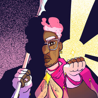 A dramatically shaded image of a character from a webcomic. He is a Black magical boy with a theme of pink for his outfit. Half his face is in shadow and the other side is illuminated by him holding up a star.