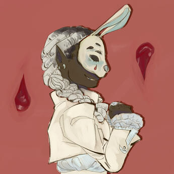 A side-profile of Bunny, a black person with a blue and cream bunny mask and fancy, lacy clothes. The background is redish-pink with two blood drops.