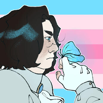 A side-profile of a person holding her hand up to look at a blue butterfly. She has chin-length dark brown hair looks serious. The transfem flag is behind her.