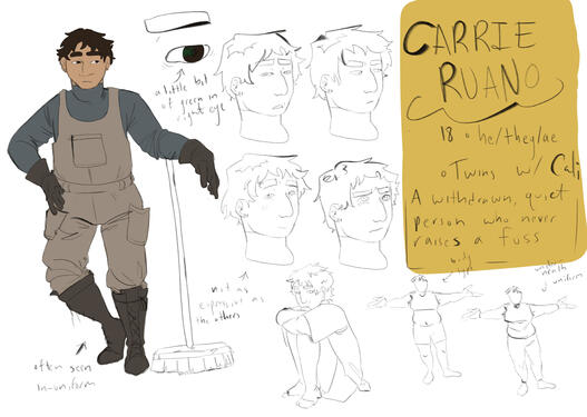 A ref sheet of Carrie, a tan person with short brown hair. On the left side, there's a full-body colored sketch of his outfit. Moving from left to right is a close up of his eyes, four expressions, a pose of him sitting down, a wall of text with a golden b
