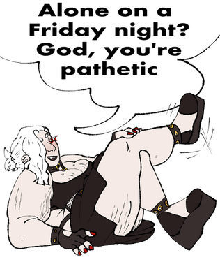 An image of Astrophel, a fat, white man with big boobs. He is sitting in the sonic "friday night" meme pose. He is not shaded. He says, "Alone on a Friday night? God, you're pathetic." The background is transparent.