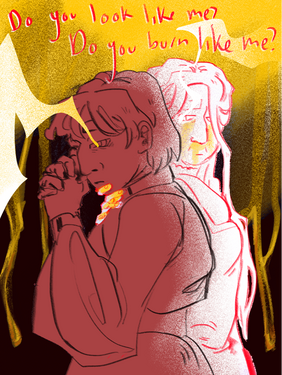 Two characters, one in red with a shock coming from his eye and the other an older woman who has her hand held out as if to stop him from moving. They're wearing vaguely Victorian dresses and are half-bodies. The older woman looks sad and has golden fluid