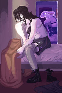 A digital painting of a character named Willow. She's sitting on a motel bed, one leg on and one leg off. She's wearing a black bra and a mini-skirt with crosses on it, as well as gartered stockings. You cannot see her face. Light shines on her as if from