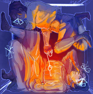 A digital painting of P and Sophia from lies of P, colored in blue and orange. They are crammed together as if in a box together. P's eyes are closed, but he holds a key that drops down onto Sophia. Sophia's hand covers one side of her face and the other i