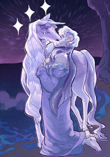 A purple-hued digital painting of Lady Amalthea from the Last Unicorn. She's holding her unicorn form in her human form in a mock form of the painting "the kiss". Behind the two, there is a purple-tinged beach scene, with tides coming in to swallow the two